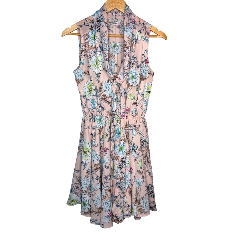 Molly Bracken Pink Floral Sleeveless Drapey Tie Neck Dress Size Small